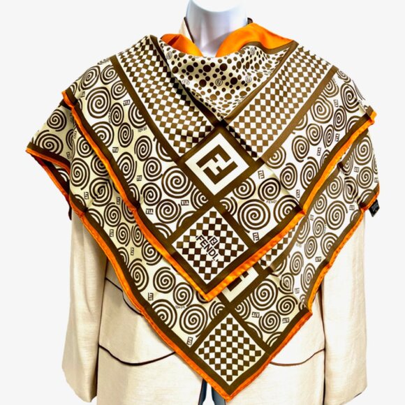 Unused  Fendi 100% Silk Scarf Satin 34"x34 Ivery Brown Orange Made in Italy (22) - Picture 3 of 10